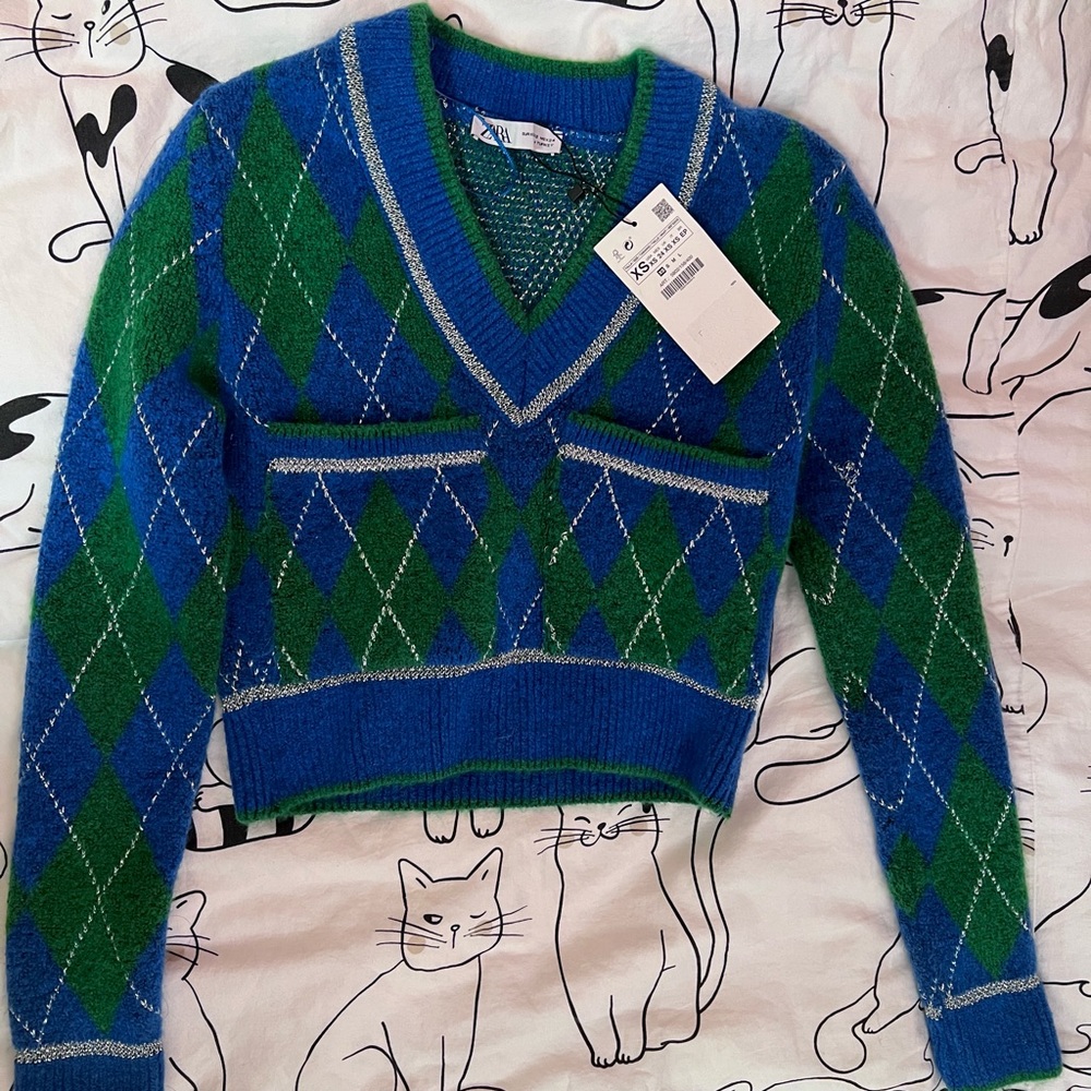 ZARA Metallic Thread Argyle Knit Cropped Sweater Size XS, NWT
